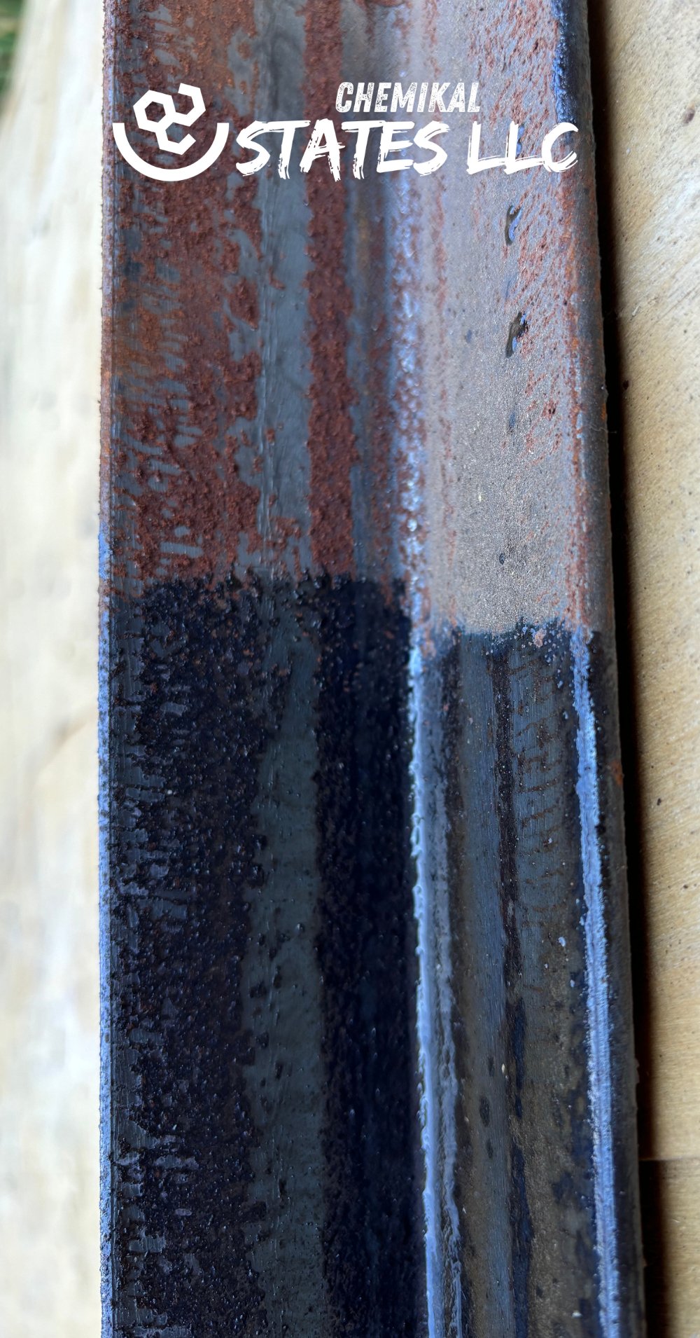 Before and after using a rust converter on a rusty metal surface, showcasing the restoration process
